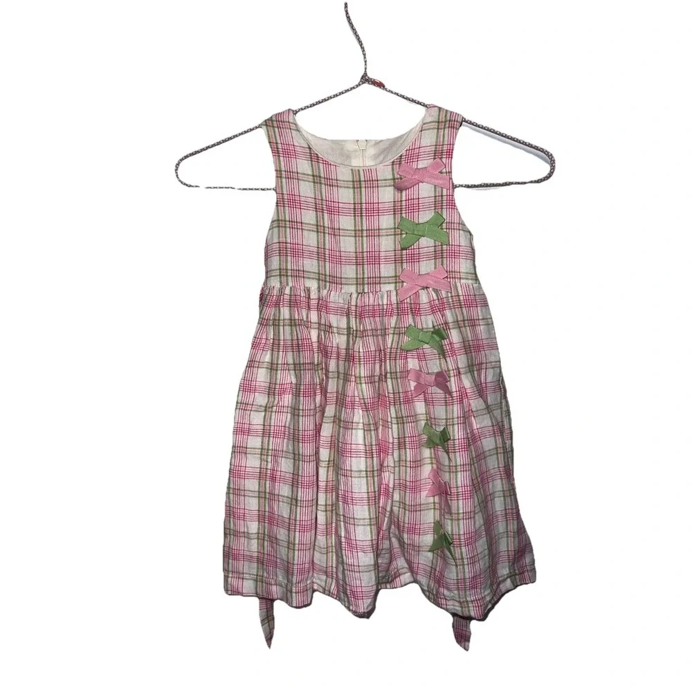 Children's Place White, Pink & Green Plaid Washable Linen Dress - Size: 18 Month
